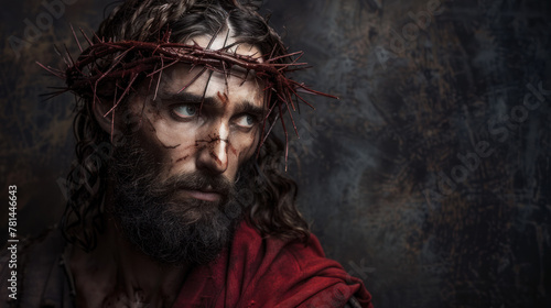 Portrait of Jesus Christ with crown of thorns on dark background