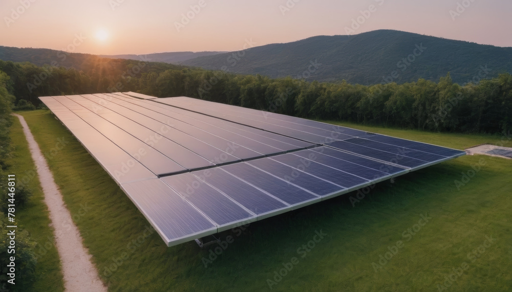 A large solar panel field is shown in the middle of a grassy field. The sun is setting in the background, and there are trees and mountains visible behind the solar panel field. - obrazy, fototapety, plakaty 