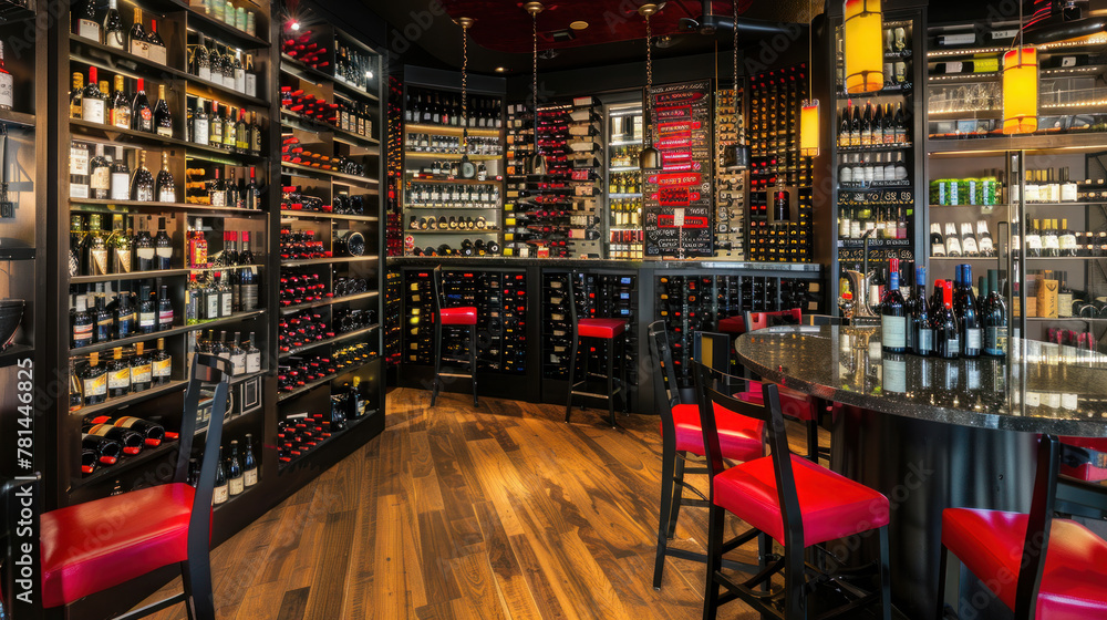 Interior of wine restaurant with numerous elite wines