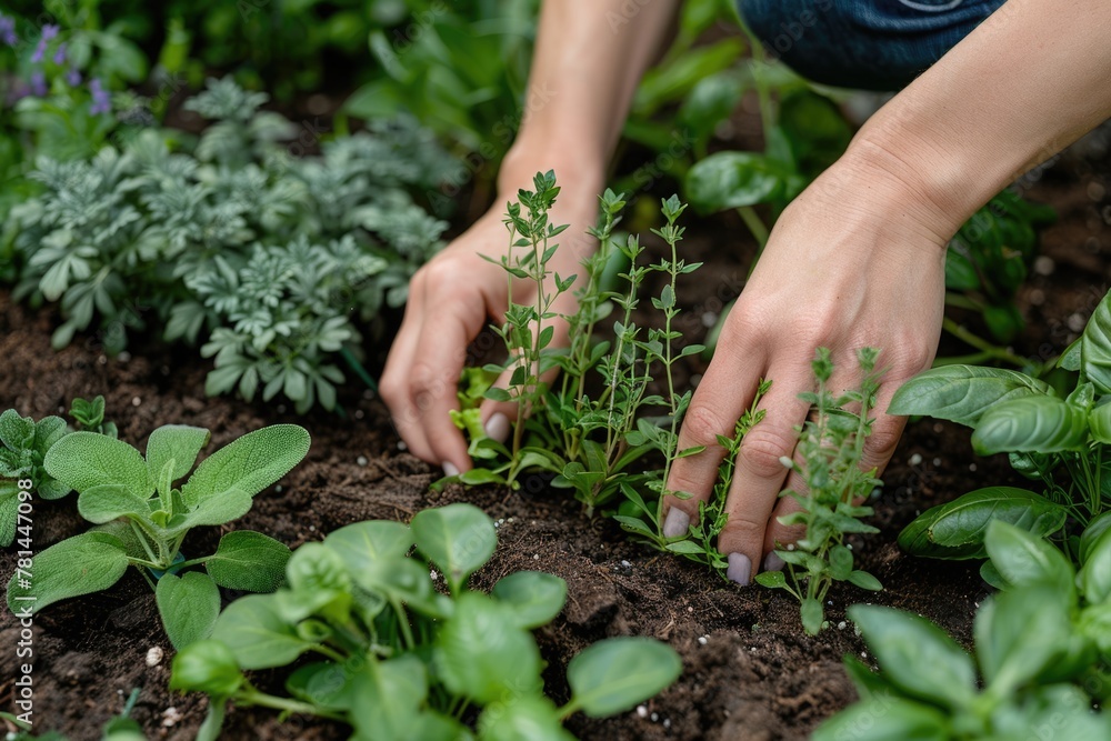 Close-up of hands planting herbs or vegetables in a small backyard garden. ai generated