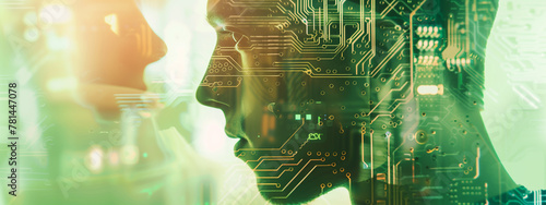 Double exposure of a close-up of a young man and a circuit board, symbolizing the fusion of human intelligence and technological advancement. Copy space. #781447078