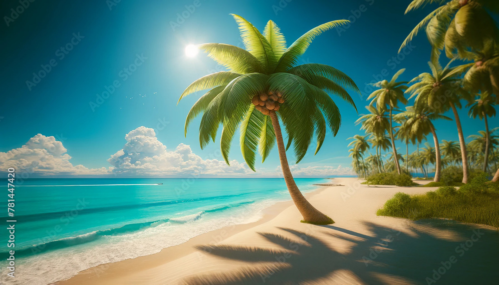 A summer tropical beach on a sunny day, complete with a coconut tree, capturing the quintessential summer vacation vibe in 3D.