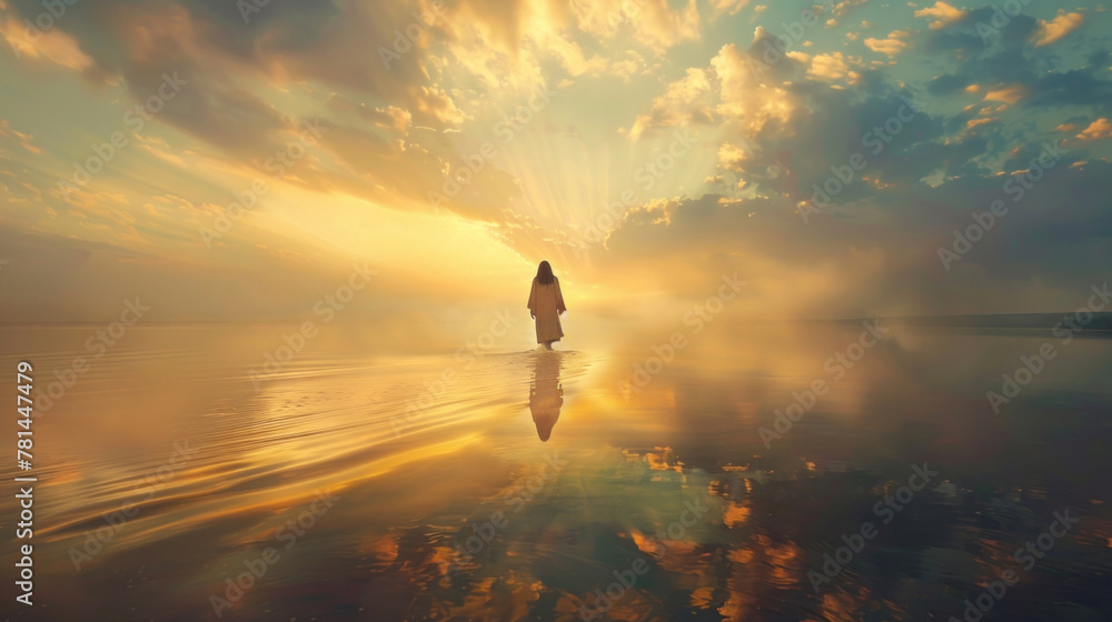 Naklejka premium Jesus Christ walking on sea surface, magnificent sunrise light