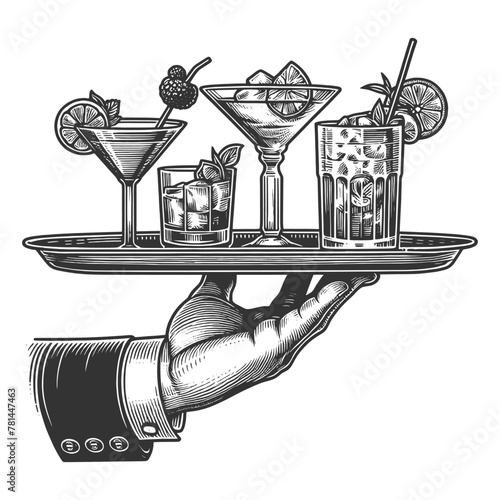hand serving a tray with assorted retro cocktail glasses, garnished with fruits sketch engraving generative ai fictional character vector illustration. Scratch board imitation. Black and white image.