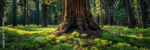 Sequoia Tree, Giant Pine in Nature Forest, Redwood Park with Sequoia Tree, Copy Space photo
