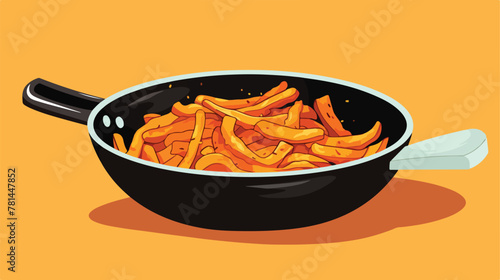 Illustration of prowns fry in pan 2d flat cartoon v photo