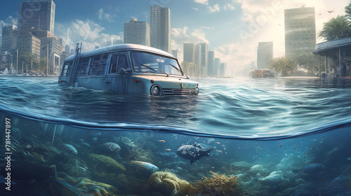 Van underwater in a lost city
