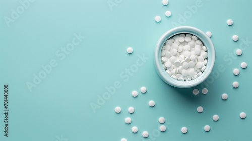 A banner with a bottle of white pills on a blue background with copy space. Horizontal photo medicine concept top view. photo