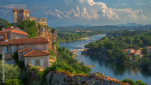 A picturesque vista of an old Mediterranean town perched atop a hill, overlooking a river.