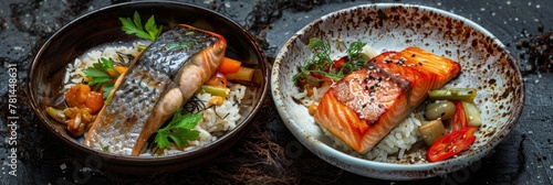 Syrdak, Salmon Steak and Rice on Natural Moss Background, Sea Bass and Red Fish Fillet photo