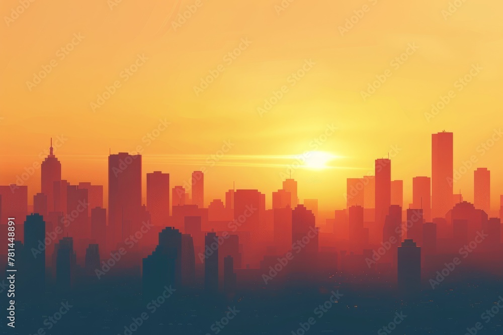 City Downtown Sunrise, Sunny Skylines in Morning, Sunset Buildings Silhouettes, Warm Color