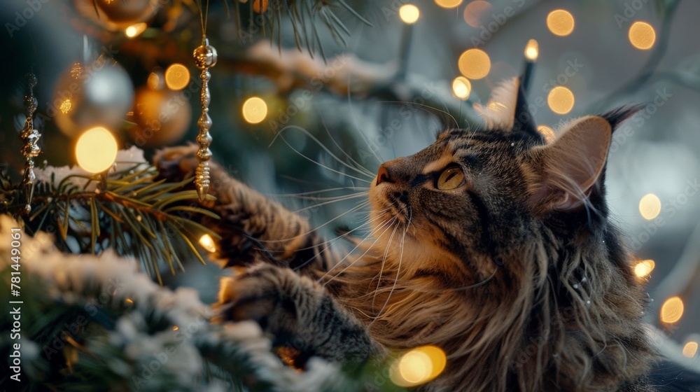 Obraz premium Cat reaching Christmas tree lights