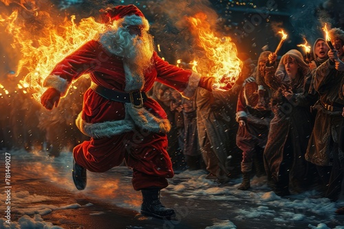 Bad Santa, Burning Santa Claus Runs Away from an Angry Crowd, Old Bearded Man Runs Away