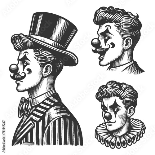 circus clown set with an inviting gesture, comedic expression sketch engraving generative ai fictional character vector illustration. Scratch board imitation. Black and white image.