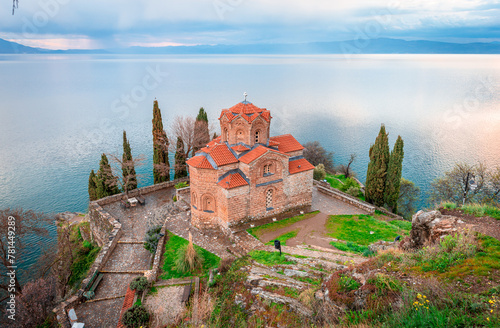 Saint John the Theologian, Kaneo, an old Orthodox church situated on the cliff over Kaneo beach overlooking Lake Ohrid in the city of Ohrid, North Macedonia.