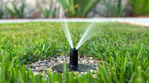 A lush green lawn being watered by a modern, efficient sprinkler system, showcasing an automatic irrigation setup as part of a smart home gardens maintenance.
