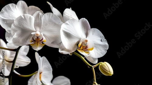 Elegant White Orchid Blooms on a Dark Background, Perfect for Tranquil Design Themes. Serene Nature Image Suitable for Wallpapers and Floral Displays. AI