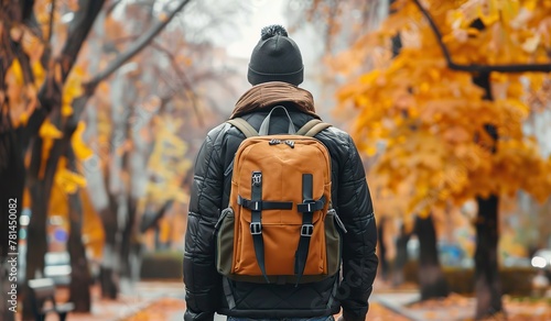 Autumn traveler with orange backpack in the city