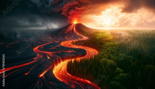 Volcanic Eruption Shaping a Fiery River Landscape