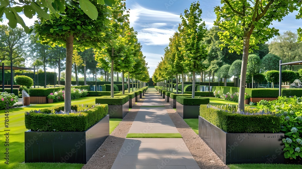 Symmetrical park pathway lined with trees and trimmed hedges. Serene urban landscape design for peaceful strolls. Ideal for architectural renders. AI