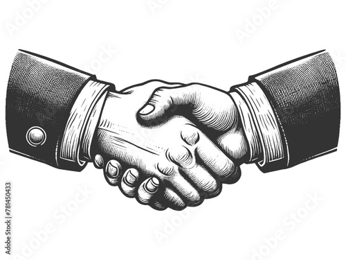 Businessman firm handshake, symbolizing trust, agreement, and partnership in a vintage style sketch engraving generative ai vector illustration. Scratch board imitation. Black and white image.