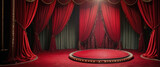 The image features a red stage with curtains, a spotlight on the stage, and a red carpet.