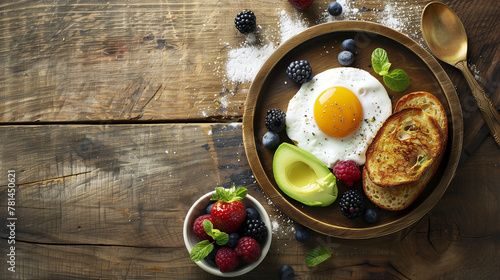 a balanced breakfast scene on a rustic wooden background. Whole grain toast, avocado slices, a poached egg, and a small bowl of mixed berries are neatly presented, Generative AI