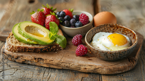 a balanced breakfast scene on a rustic wooden background. Whole grain toast, avocado slices, a poached egg, and a small bowl of mixed berries are neatly presented, Generative AI