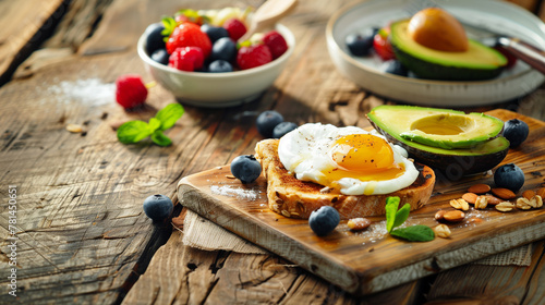 a balanced breakfast scene on a rustic wooden background. Whole grain toast, avocado slices, a poached egg, and a small bowl of mixed berries are neatly presented, Generative AI