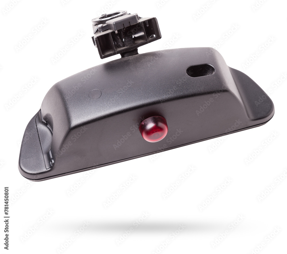 Close-up on a rear view mirror from a sedan for repair and replacement after an accident in a workshop. Auto service industry. Spare parts catalog. Close-up on a rear view mirror from a sedan for repair and replacement after an accident in a workshop. Auto service industry. Spare parts catalog.