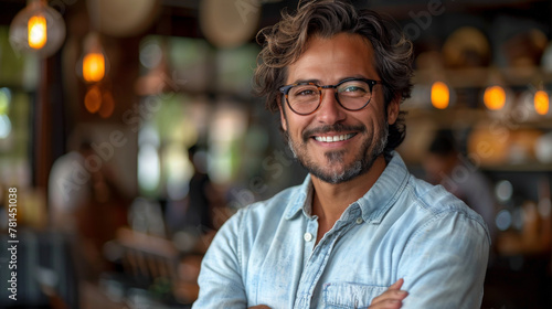 Adult hispanic man wearing glasses over isolated background happy face smiling with crossed arms looking at the camera. Positive person © Matthew