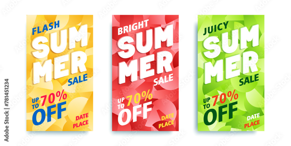 Set of three summer promo flyers. Seasonal sale. Bright trendy pattern made of semicircles with a color gradient.