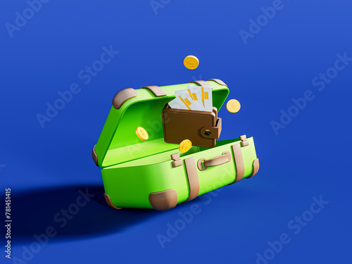 Travel costs. Green luggage bag with wallet and coins on vibrant blue background. 3D Rendering, 3D Illustration
