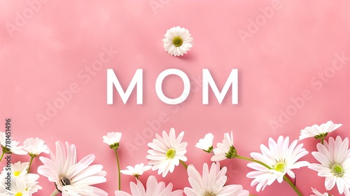 Celebrating Mother's Day with Love and Flowers, Elegant 'MOM' Text Surrounded by Daisies on Pink Background. Ideal for Greeting Cards. AI