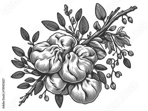 Tree with Khinkali dumplings sketch engraving generative ai fictional character vector illustration. Scratch board imitation. Black and white image.
