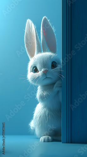A blueeyed rabbit with fawn whiskers peeking out from behind a door photo