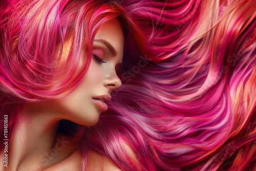 A woman with long pink and purple hair is shown with a pink and purple background. The hair is styled in a way that it looks like it is flowing in the wind