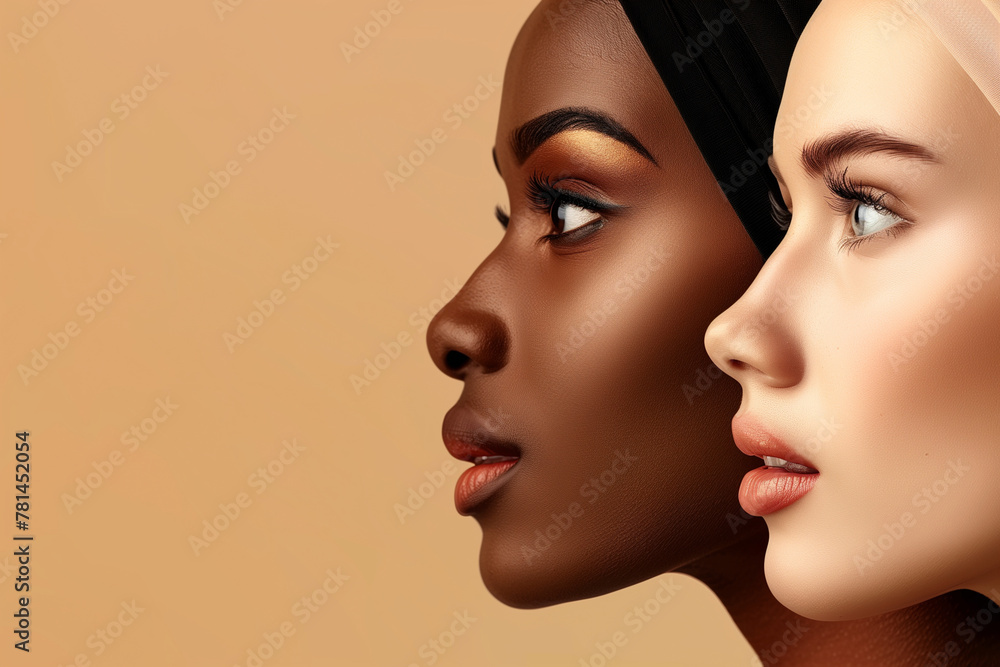 Two women with different skin tones stand side by side, one with a lighter complexion and the other with a darker complexion. Concept of diversity and inclusivity Two women with different skin tones stand side by side, one with a lighter complexion and the other with a darker complexion. Concept of diversity and inclusivity
