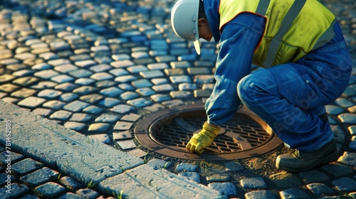 Construction Worker at Manhole Repair photo