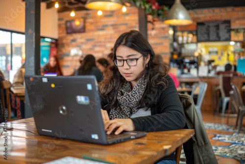 A modern Native American woman working on her laptop in a cafe