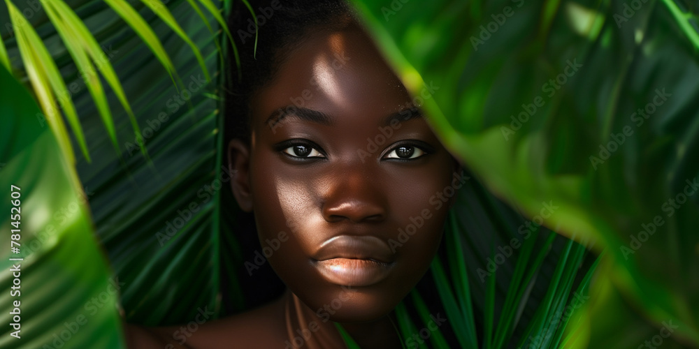 A woman with dark skin and long hair is standing in front of a green plant. She is wearing makeup and has a serious expression on her face. Concept of natural beauty and simplicity A woman with dark skin and long hair is standing in front of a green plant. She is wearing makeup and has a serious expression on her face. Concept of natural beauty and simplicity