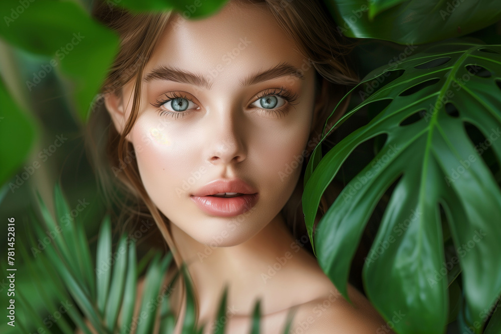 A woman with green eyes and a tan complexion is standing in a lush green jungle. Concept of serenity and natural beauty, as the woman is surrounded by the vibrant greenery of the jungle A woman with green eyes and a tan complexion is standing in a lush green jungle. Concept of serenity and natural beauty, as the woman is surrounded by the vibrant greenery of the jungle