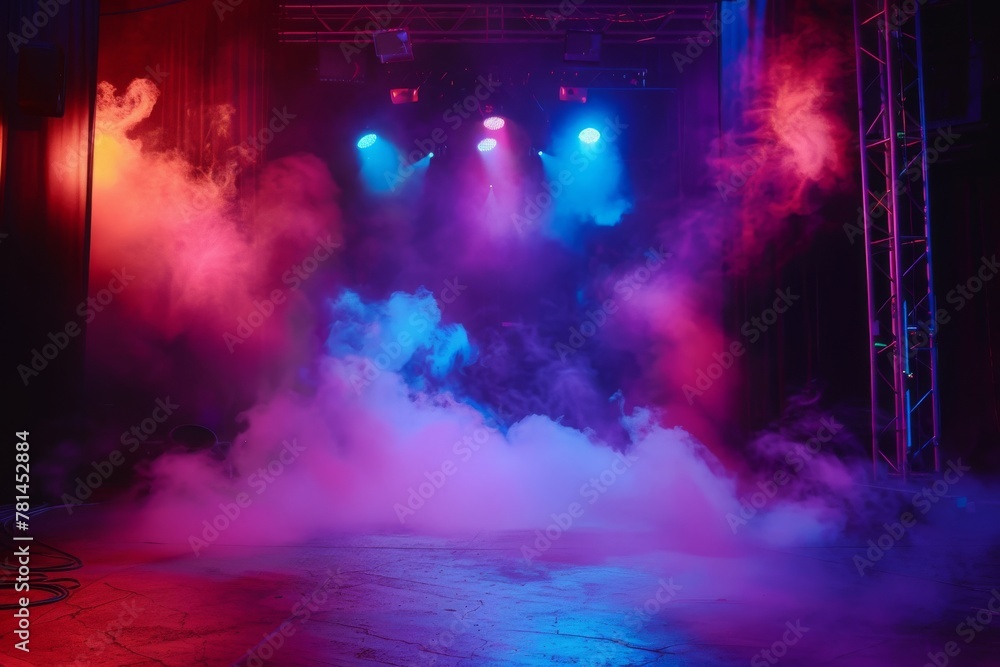 A dramatic stage clouded with thick smoke under blue and pink spotlights, suggesting anticipation before an event.

