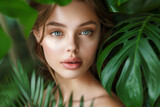 A woman with green eyes and a tan complexion is standing in a lush green jungle. Concept of serenity and natural beauty, as the woman is surrounded by the vibrant greenery of the jungle