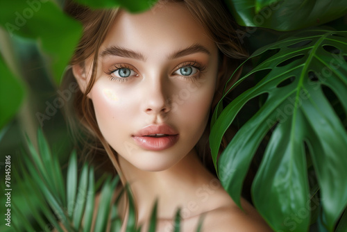 A woman with green eyes and a tan complexion is standing in a lush green jungle. Concept of serenity and natural beauty  as the woman is surrounded by the vibrant greenery of the jungle