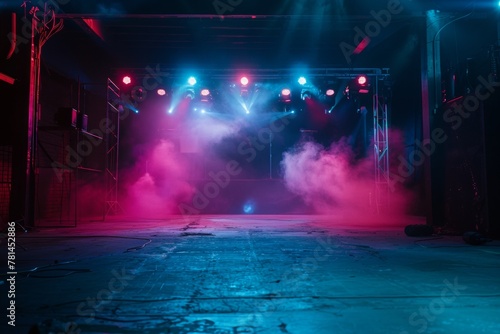 Empty stage with vibrant blue and pink lights casting dynamic shadows, ready for a performance in a night club setting.