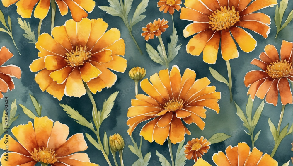 Cheerful marigolds set against a watercolor wash of goldenrod yellow and burnt sienna, brightening any day. - obrazy, fototapety, plakaty 