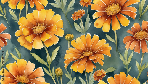 Cheerful marigolds set against a watercolor wash of goldenrod yellow and burnt sienna, brightening any day.