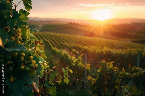 Golden sunrise over lush vineyards, creating a picturesque scene of rural tranquility and agricultural bounty in the heart of wine country.
