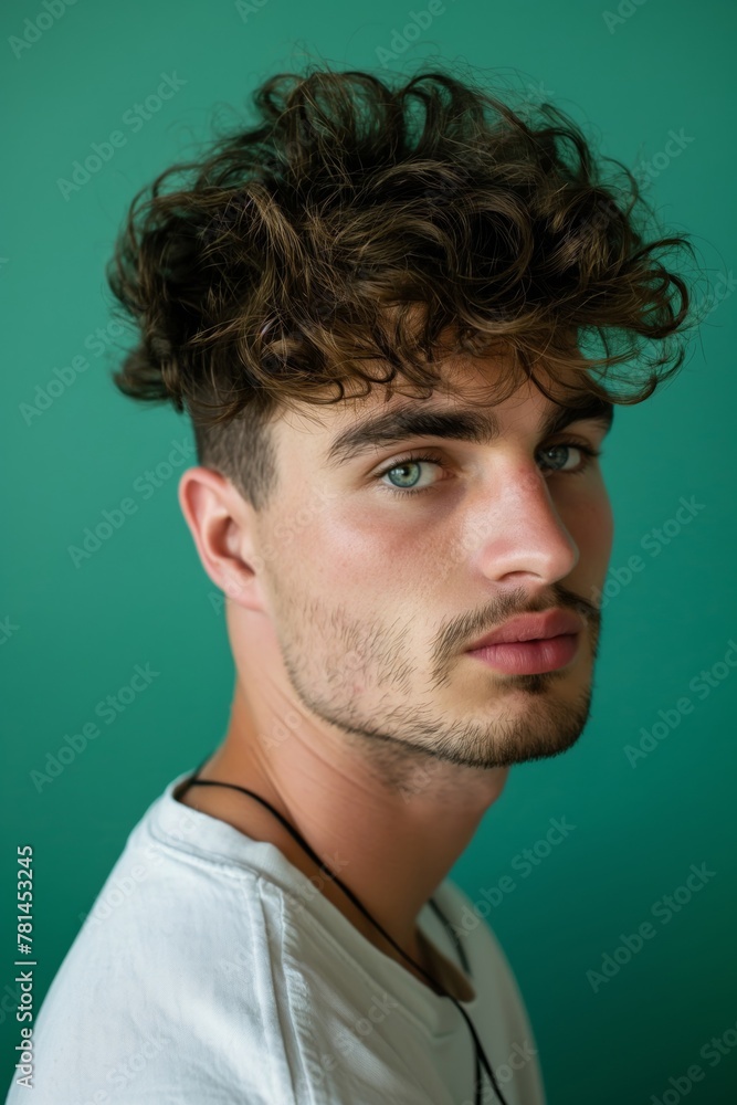 Portrait of a young man flaunting a stylish, messy textured crop haircut against a green backdrop Portrait of a young man flaunting a stylish, messy textured crop haircut against a green backdrop